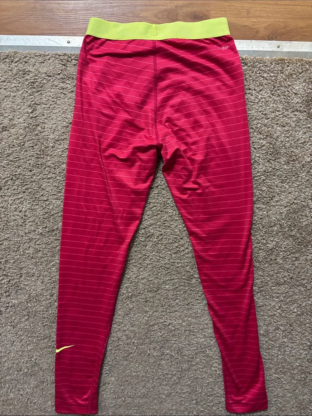 Nike Pro Dri-Fit Womans Md Pink Stripe Compression Tights with Lime Waistband